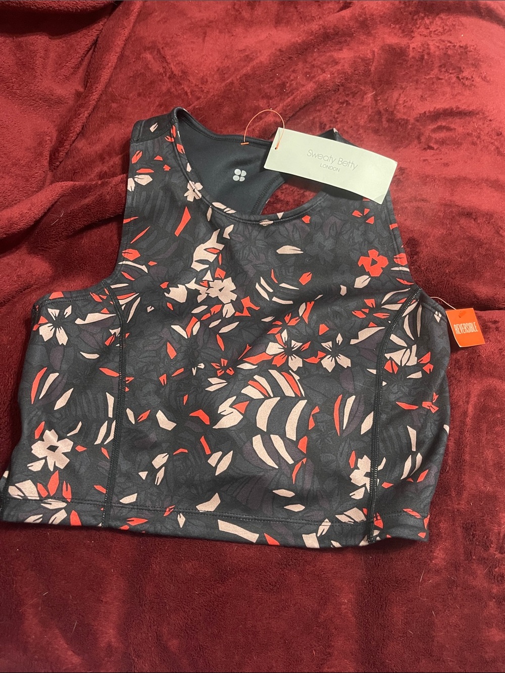 Sweaty Betty Black Crop Sports Top with Pink & Red Floral Print Reversible